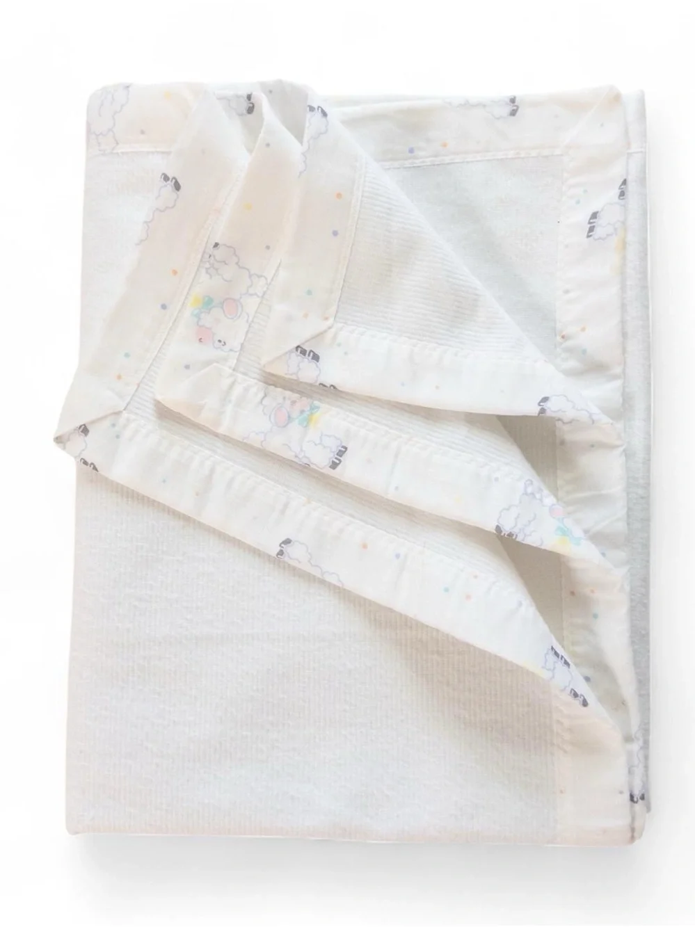 Vintage 90s Crib Blanket Lamb Print Trim White Cotton Baby Blanket 52”x34.5”
